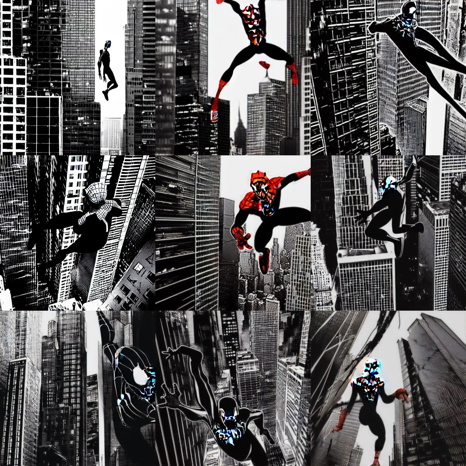 Prompt: black spider - man in a torn suit flies between huge skyscrapers by tsutomu nihei, black and white, comic, cinematic, detalized new york background