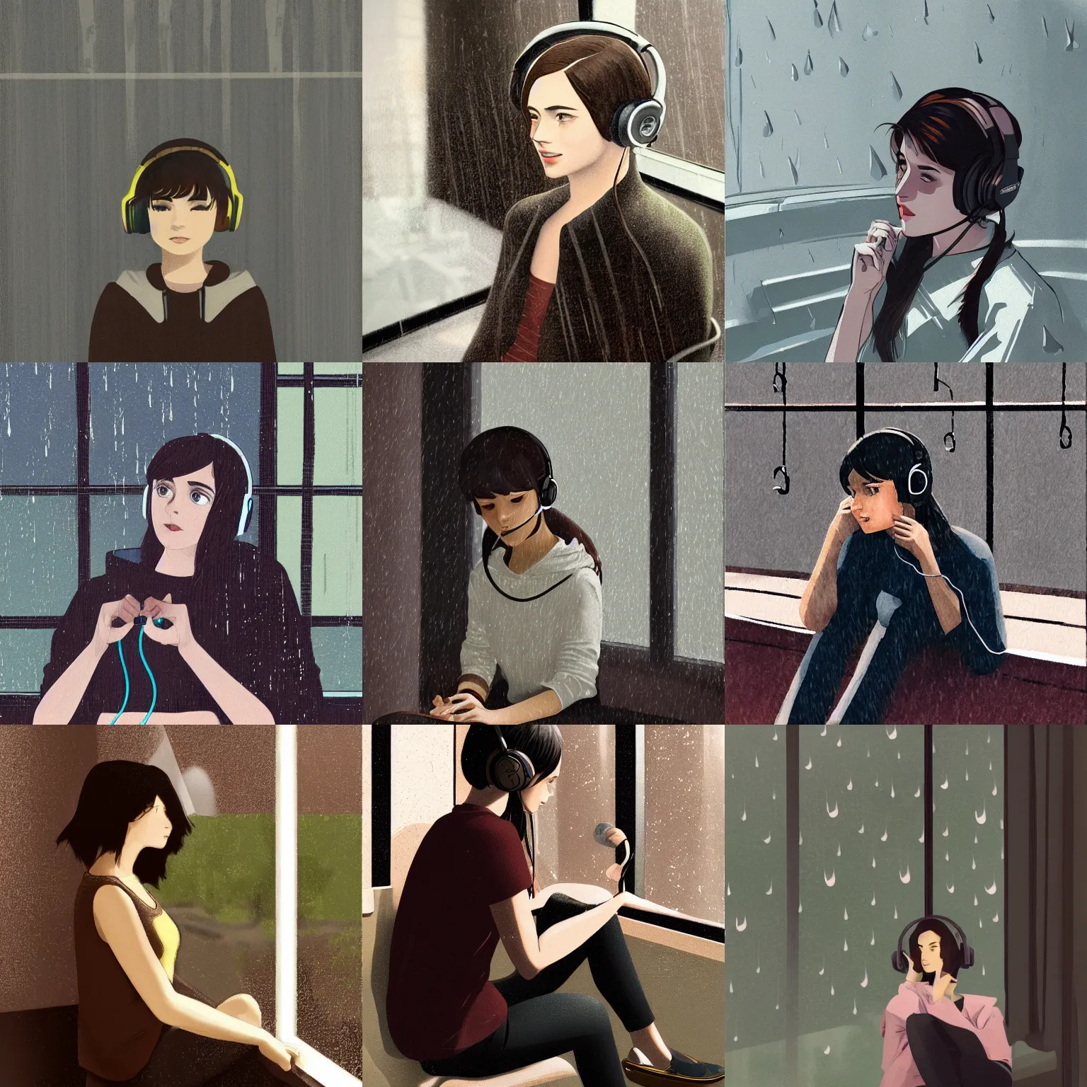 Prompt: girl with dark brown hair, sitting down, leaning against the window, headphones, rainy background, in the style of ilya kuvshinov