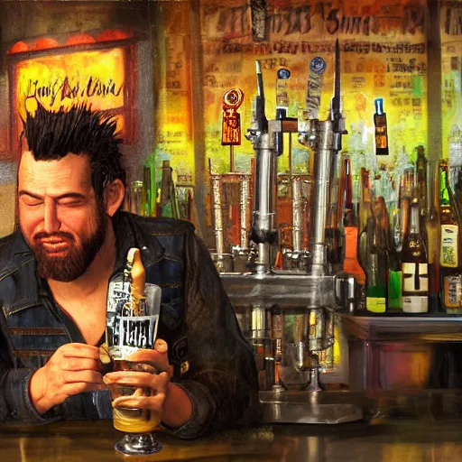 Prompt: a punk rock guy serving beer at a bar, by dave mckean, oil painting, highly detailed, octane render, volumetric lighting, vibrant,