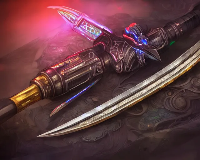 Image similar to legendary glowing sword of cybernetic technology on a table, digital award winning artwork, intimate dark moody, intricate, long sharp black and iridescent blade, ornate spikes, colorful hilt, detailed realistic, raytraced blade, colored gems, golden pommel, trending on artstation and deviantart