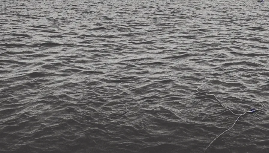 Image similar to photo of a rope on the surface of water, in the middle of a lake, overcast day, rocky foreground, 2 4 mm leica anamorphic lens, moody scene, stunning composition, hyper detailed, color kodak film stock