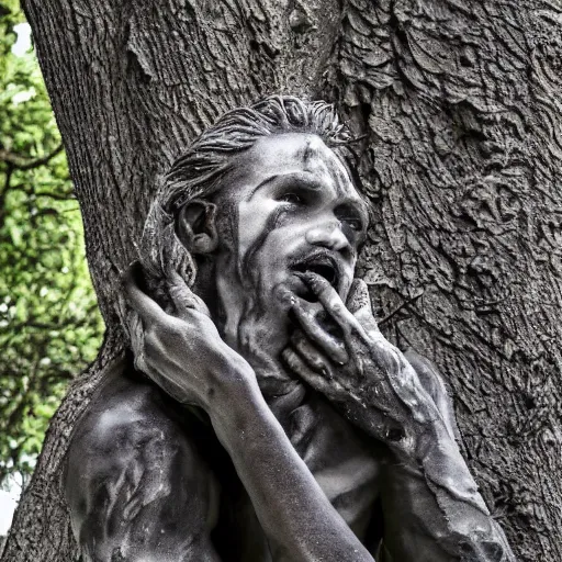 Prompt: The sculpture shows a man caught in a storm, buffeted by wind and rain. He clings to a tree for support, but the tree is bent nearly double by the force of the storm. The man's clothing is soaked through and his hair is plastered to his head. His face is contorted with fear and effort. by Brian Sum harrowing