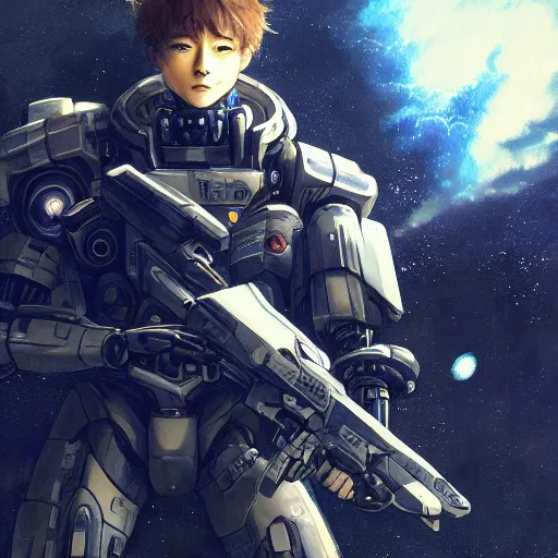 Image similar to photorealistic, bokeh, beautiful detail, stars in the sky, cybernetic, sci-fi space game art, jeon Jungkook holding a gun. alien planet art by Akihito Yoshitomi AND Yoji Shinkawa AND Greg Rutkowski, Mark Arian trending on artstation