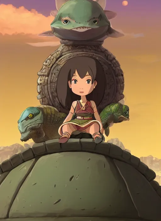 Prompt: portrait of a little warrior girl character sitting on top of a giant armored turtle with a big smiling face in the desert, studio ghibli epic character with dark skin and beautiful green eyes, very beautiful detailed symmetrical face, long black hair, bright colors, diffuse light, dramatic landscape, fantasy illustration