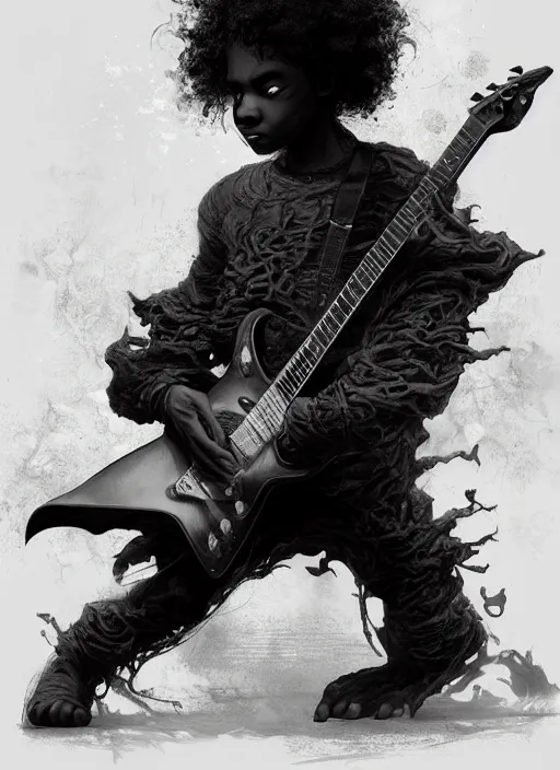 Image similar to fantasy changeling black kid with long curly hair playing electric guitar, between worlds, dim light, front game card, marvel comics, dark, intricate, highly detailed, smooth, artstation, digital illustration by ruan jia and mandy jurgens and artgerm and wayne barlowe and greg rutkowski and zdislav beksinski