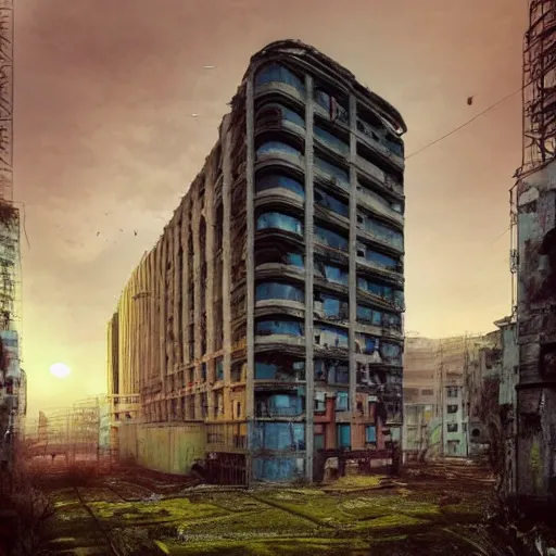 Image similar to “derelict architecture buildings, building designed by Richard Rogers, architecture digest, building surrounded in a nature environment, modern tones, fluorescent lighting,volumetric Lighting, cyber punk, photorealism, high detail, golden ratio, cinematic, octane renderer”