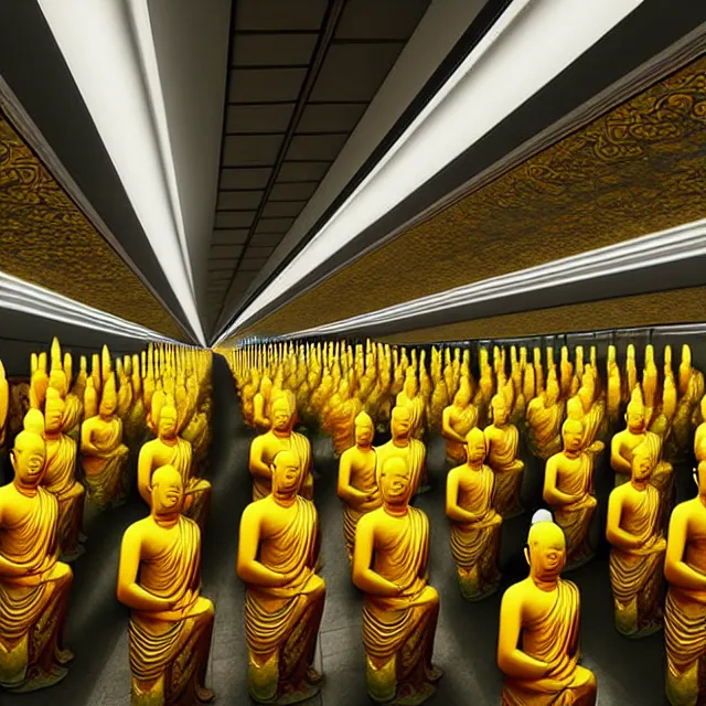 Image similar to a beautiful painting the subway station is full of hundreds of buddhas, by ultra detailed, hyper realistic, volumetric lighting render