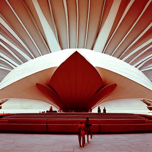 Image similar to interior of a futuristic lotus temple with gold, red and white marble panels, in the desert, by buckminster fuller and syd mead, intricate contemporary architecture, photo journalism, photography, cinematic, national geographic photoshoot