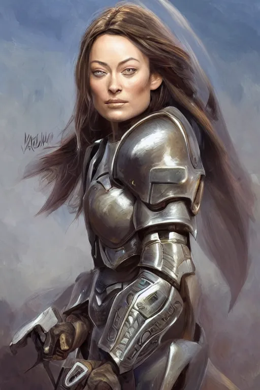 Image similar to a professional painting of a young Olivia Wilde, clothes in military armor, olive skin, long dark hair, beautiful bone structure, symmetrical facial features, intricate, elegant, digital painting, concept art, smooth, sharp focus, illustration, from StarCraft by Ruan Jia and Mandy Jurgens and Artgerm and William-Adolphe Bouguerea