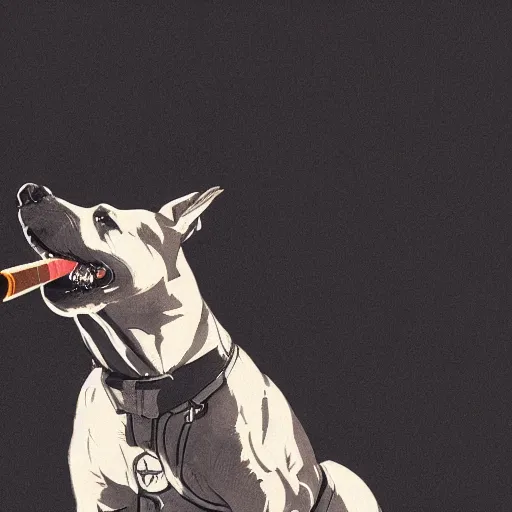 Image similar to a dog wearing smoking a cigar, dramatic lighting, cinematic, establishing shot, extremly high detail, photorealistic, cinematic lighting, concept art, artstation, style by greg rutkowsky