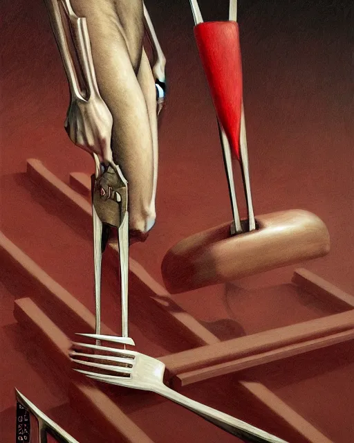 Image similar to hyperrealistic hyperdetailed fork battle war concept art santiago caruso de chirico sharp very dramatic crimson light 8k low angle shallow depth of field