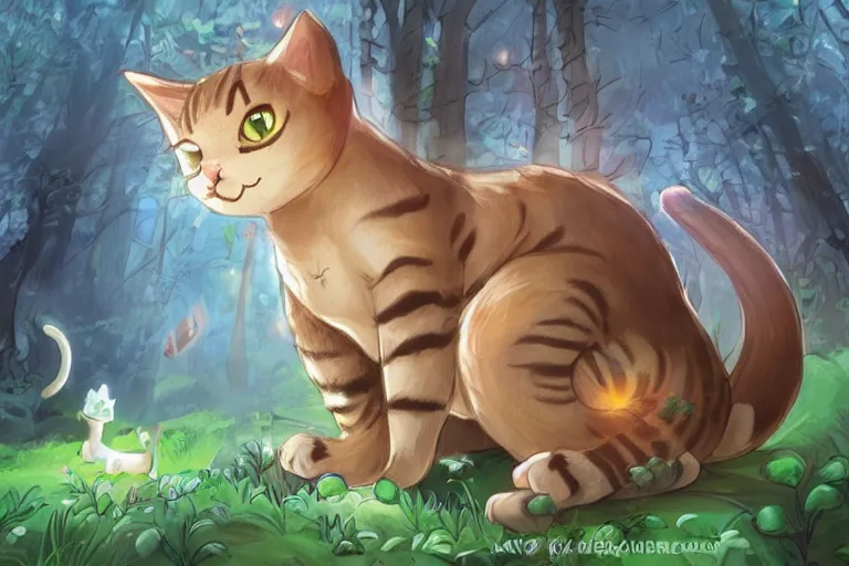 Image similar to a cat in a forest, highly detailed, digital art, trending on artstation, backlighting, by kawacy, by ken sugimori, fan art