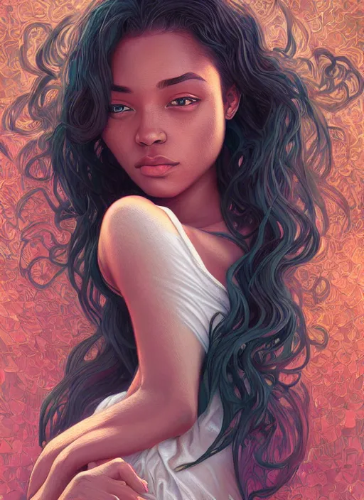 Image similar to handsome young black women with shoulder length white hair, half body shot, path traced, highly detailed, high quality, digital painting, alena aenami, lilia alvarado, shinji aramaki, karol bak, alphonse mucha, tom bagshaw