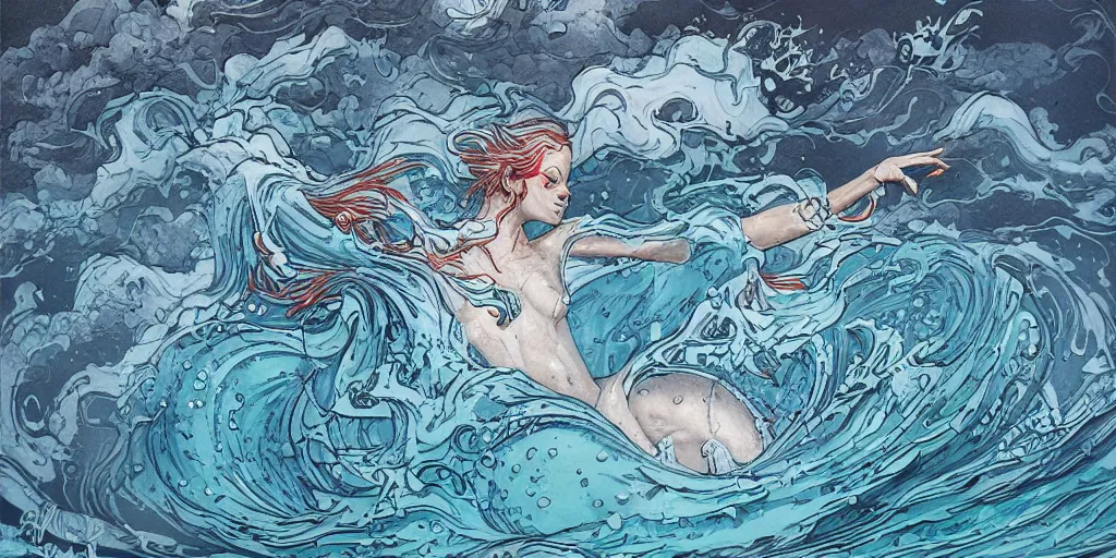 Prompt: an elegant angel surfacing out of the sea, thunderstorm, art by james jean, graffiti, liquid, splatter paint