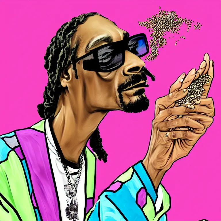 Image similar to snoop dogg smoke someone feet, gta vice city style, smooth painting, each individual seeds have ultra high detailed, 4 k, illustration, comical, acrylic paint style, pencil style, torn cosmo magazine style, pop art style, ultra realistic, underrated, by mike swiderek, jorge lacera, ben lo, tyler west