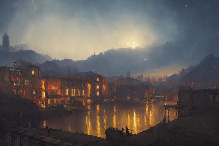 Prompt: a beautiful oil painting of a renaissance city in a serene landscape at night under the horizon line in the upper third by john howe and albert bierstadt and alena aenami and dan mumford and dave noton, unreal engine, trending on behance