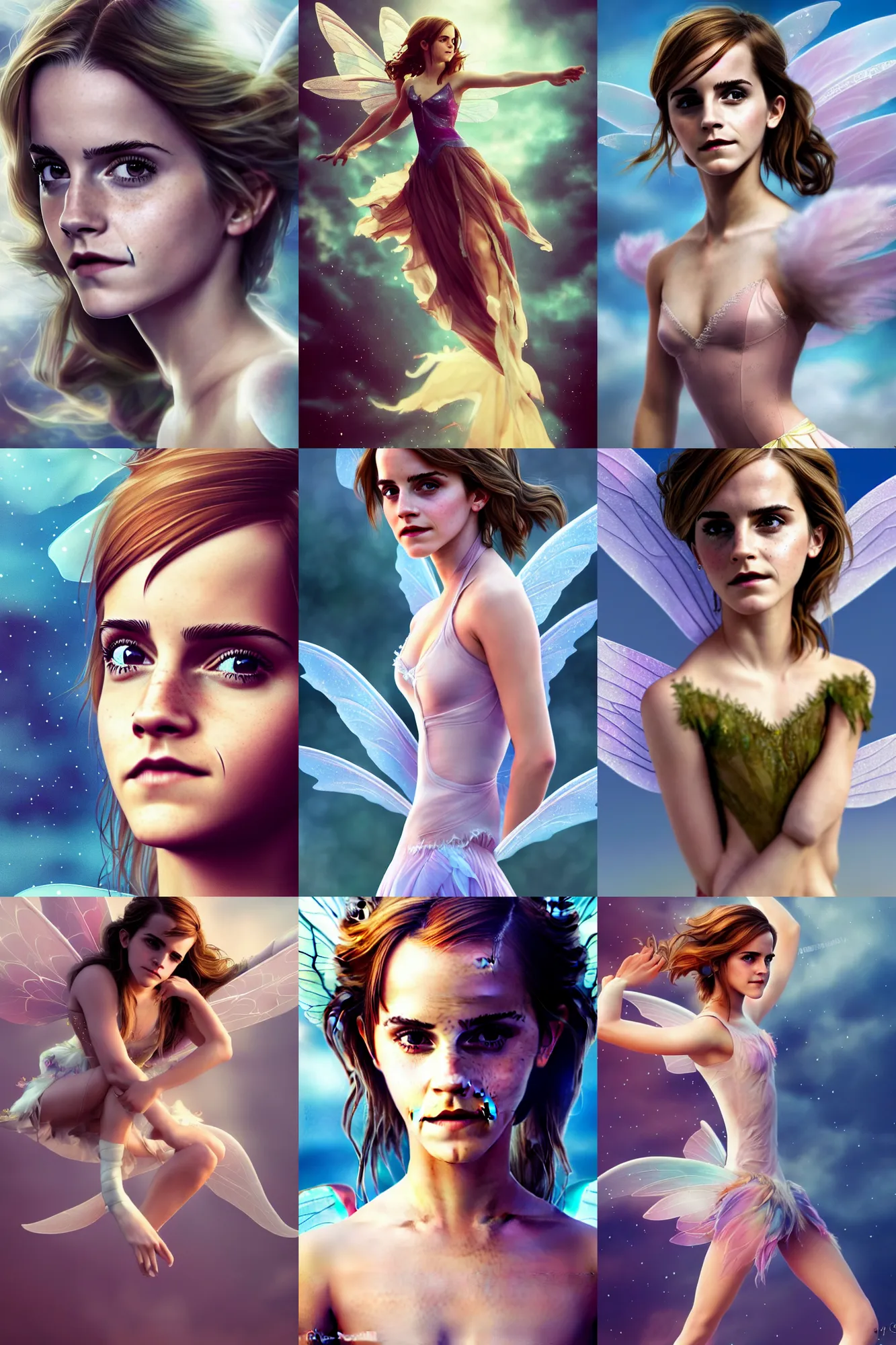 Prompt: emma watson as flying fairy, full!! body! shot, perspective, colored, perfect eyes!!, by charlotte grimm, natural light, sharp focus, detailed face, canon eos c 3 0 0, ƒ 1. 8, 3 5 mm, 8 k, smooth, artstation, illustration