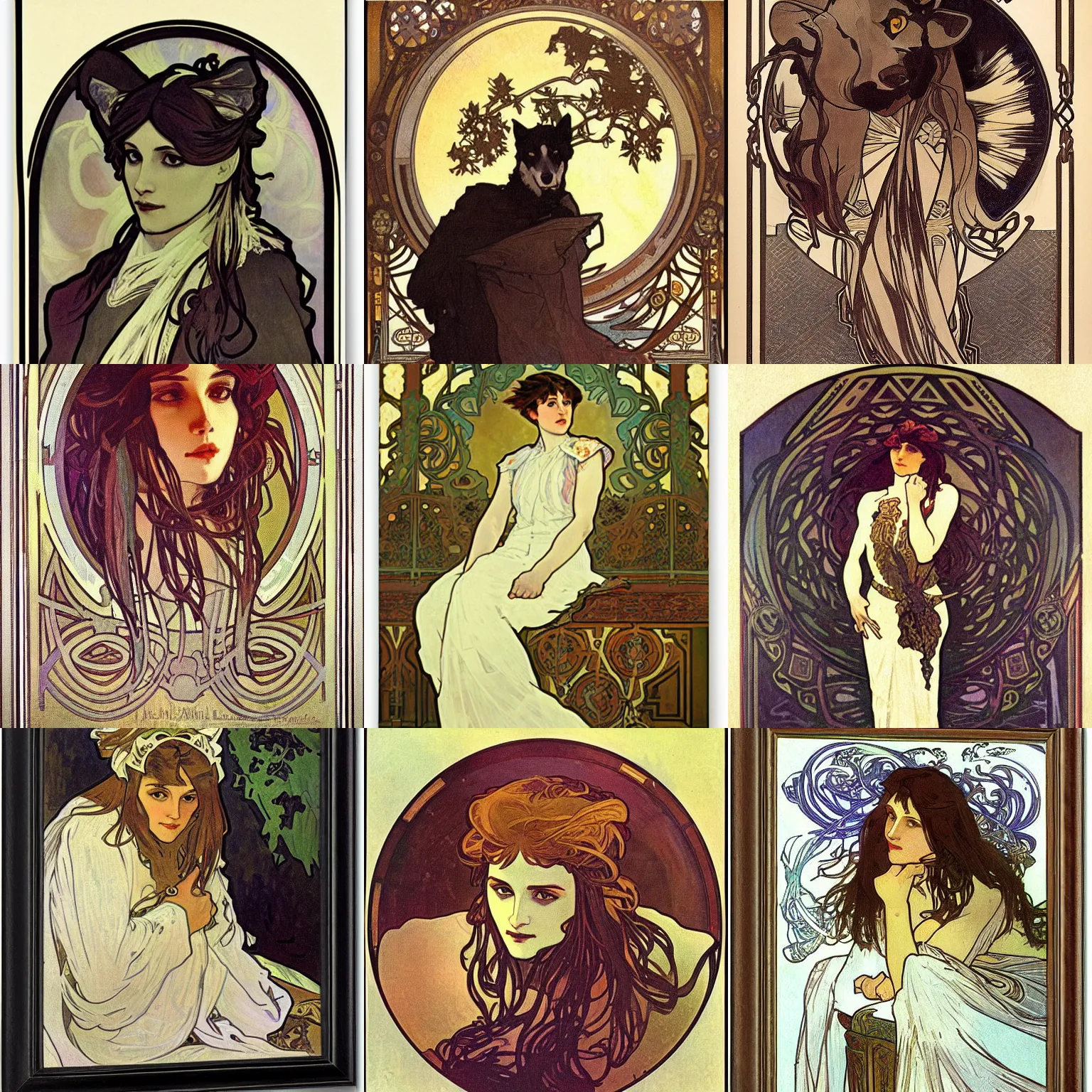 Prompt: a portrait of a wolf by alphonse mucha