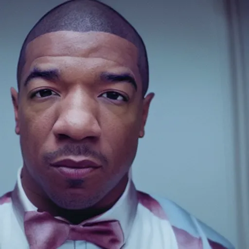 Prompt: a cinematic film still of Ja Rule starring in The Shining, portrait, 40mm lens, shallow depth of field, close up, split lighting, cinematic