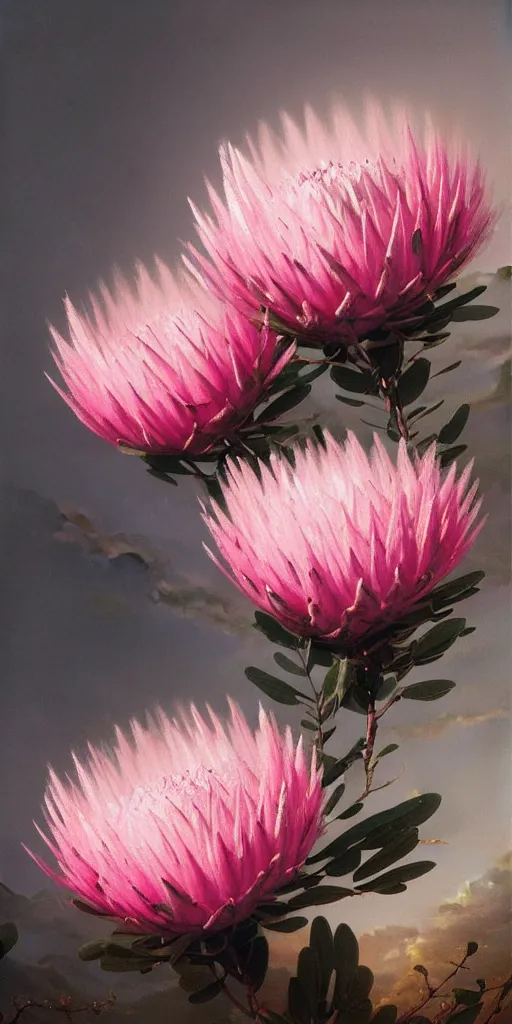 Image similar to detailed pink and white proteas against a black backdrop by ivan aivazovsky, detailed brush strokes, oil painting, artstation