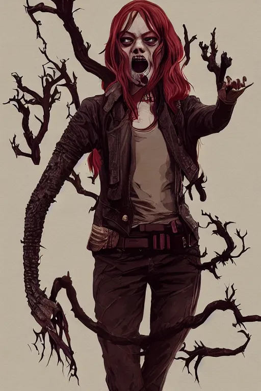 Image similar to emma stone in sleepy hollow, full body, big two toned eyes, teeth gritted, horror, intricate details, cinematic, epic, realistic, anatomy, tomer hanuka, uplight, artstation, photorealistic, scary