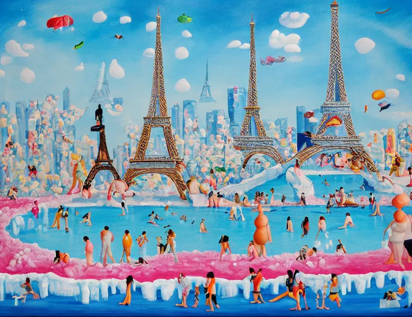 Prompt: a painting of ice sculptures made of icecream in the shape of the skyline of paris with eiffel tower on a very sunny summer day, very hot and the ice is melting fast and people are swimming in the icecream in the style of james jean and fernando botero