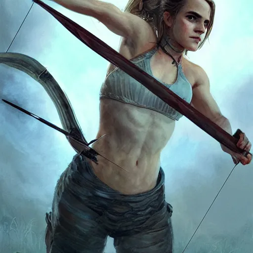 Prompt: portait of a very muscled emma watson archer shooting arrow, front game card, drark, marvel comics, dark, intricate, highly detailed, smooth, artstation, digital illustration by ruan jia and mandy jurgens and artgerm and wayne barlowe and greg rutkowski and zdislav beksinski