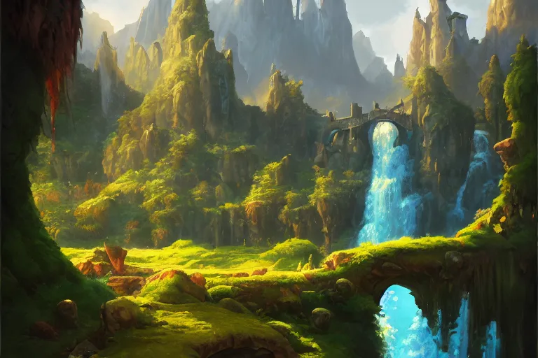 Prompt: gouache masterpiece depicting Idyllic fantasy landscape, waterfalls, castle, willows, mystical, magical, Tyler Edlin and Andreas Rocha, Hyperdetailed, stylized, Artstation