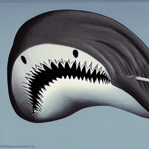 Prompt: Magritte illustration of a shark, Alien mouth