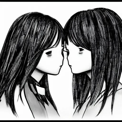 Image similar to portrait of two girls kissing, detailed manga art