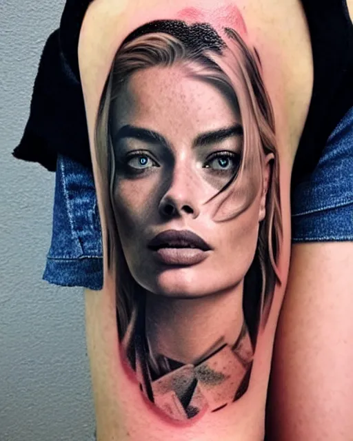 Image similar to creative double exposure effect tattoo design sketch of margot robbie face blended in beautiful mountain scenery, realism tattoo, in the style of matteo pasqualin, amazing detail, sharp