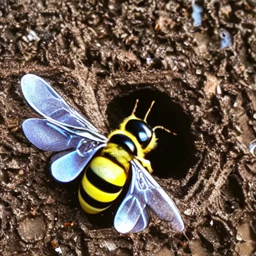 Image similar to there is a bee on the wing on the fly on the frog on the bump on the log in a hole in the bottom of the sea