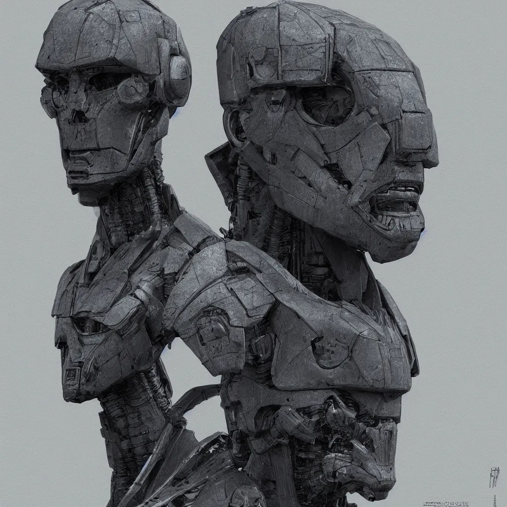 Prompt: one dark robot soldier character 3 d face model sci fi art, moebius, blade runner, photorealistic render