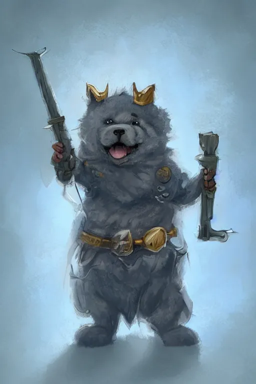 Image similar to cute anthropomorphic blue tong chow chow knight wearing a cape and a crown and holding a sniper, tiny, small, miniature chow chow, baby animal, short, pale blue armor, cute and adorable, pretty, beautiful, DnD character art portrait, matte fantasy painting, DeviantArt Artstation, by Jason Felix by Steve Argyle by Tyler Jacobson by Peter Mohrbacher, cinematic lighting