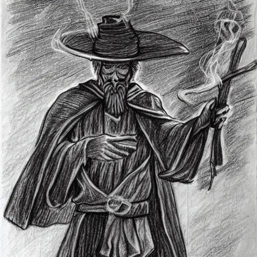 Prompt: a detailed drawing of a wizard made of smoke wearing a purple robe casting a spell using his staff