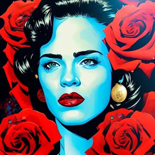 Image similar to portrait of american woman :: side profile :: in ocean :: roses and guns metal details :: gold :: blood and horror :: by marvel and Sandra Chevrier