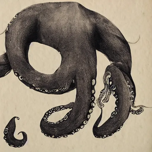 Image similar to a pig - octopus, calligraphy, ink on japanese rice paper