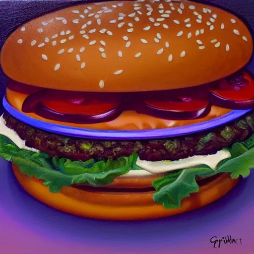 Prompt: oil painting of a burger made by greg rutkowsky, creepy, horror, dramatic light, nightmare,