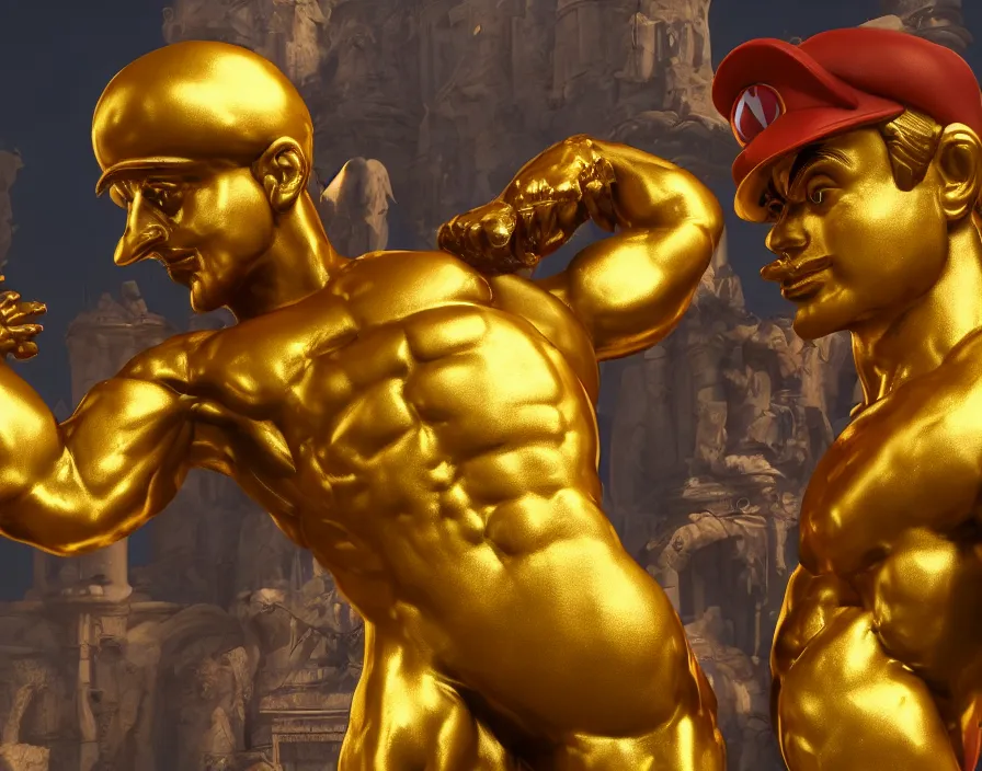 Prompt: golden statue of mario with muscle body like a giga chad, beautiful texture, beautiful graphics, fantasy artwork, very beautiful scenery, hd, hdr, ue 5, ue 6, unreal engine 5, cinematic 4 k wallpaper, 8 k, ultra detailed