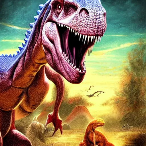Image similar to The end of the dinosaur era, super realistic drawing, colourful, high detail, digital art,