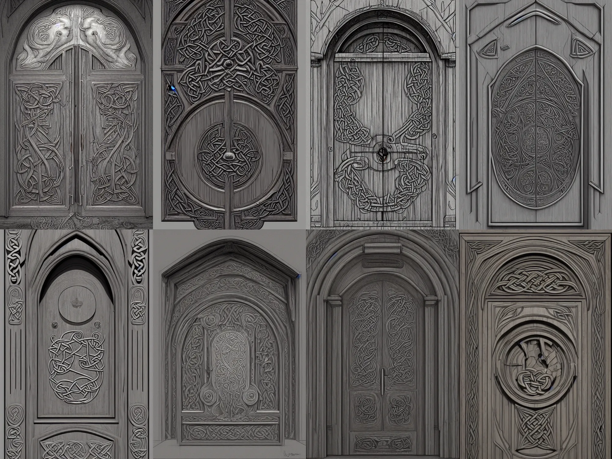 Prompt: front view of a celtic door made in wood, light grey background, art by James Jean and Wayne Barlowe, high detail, cinematic, cgsociety 8k