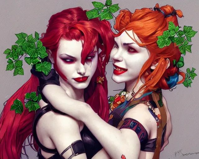 Prompt: poison ivy and harley quinn smooching, digital painting, trending on artstation, by artgerm and greg rutkowski and alphonse mucha