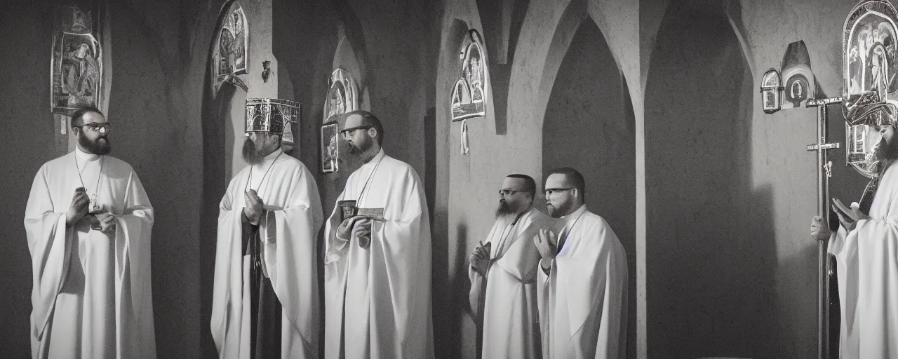 Image similar to three orthodox priests with cute caracal faces, in orthodox church, orthodox icons, volumetric lighting, twilight, dramatic, noir, blur, bokeh, cinematic, shallow depth of field, 8 0 mm, f 1. 8