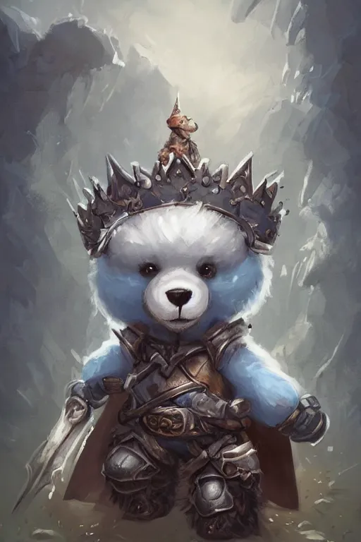 Image similar to cute little anthropomorphic bear knight wearing a cape and a crown, tiny, small, miniature bear, baby animal, short, pale blue armor, cute and adorable, pretty, beautiful, DnD character art portrait, matte fantasy painting, DeviantArt Artstation, by Jason Felix by Steve Argyle by Tyler Jacobson by Peter Mohrbacher, cinematic lighting