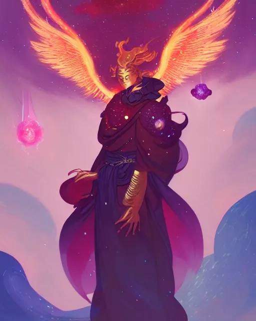 Image similar to a character portrait of only one male angel with golden fiery wings, surrounded with spiriling sparkling rose crystals and galaxies, by peter mohrbacher, hyper light drifter, ukiyo - e trending on artstation