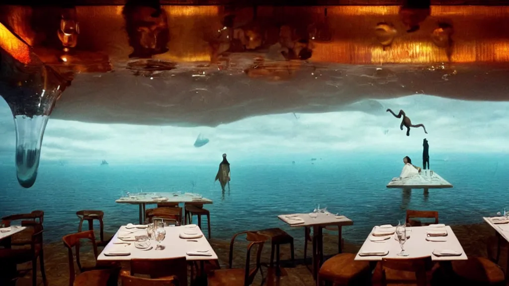 Prompt: the giant floating nose in the restaurant, made of water, film still from the movie directed by Denis Villeneuve with art direction by Salvador Dalí, wide lens