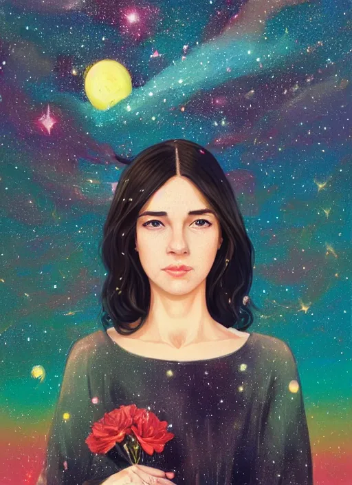 Image similar to full - length portrait of a young woman with dark hair, wearing a flowing sundress, standing in front of a colorful starry galaxy, detailed face, fantasy, cinematic lighting, digital art painting, fine details by realistic shaded lighting poster by ilya kuvshinov katsuhiro otomo, magali villeneuve, artgerm, jeremy lipkin and michael garmash and rob rey