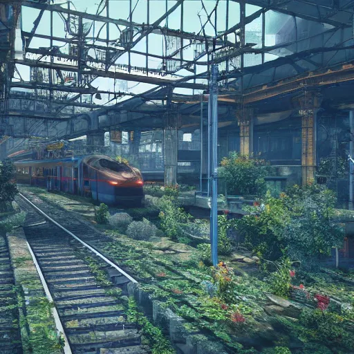 Prompt: lost beautiful overgrown city futuristic fantasy mixed with polluted industrial city train station 4 k