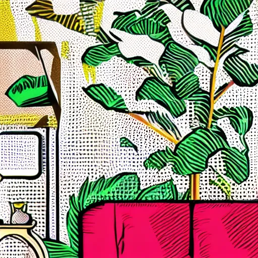 Image similar to living room filled with plants in the style of roy lichtenstein, halftone