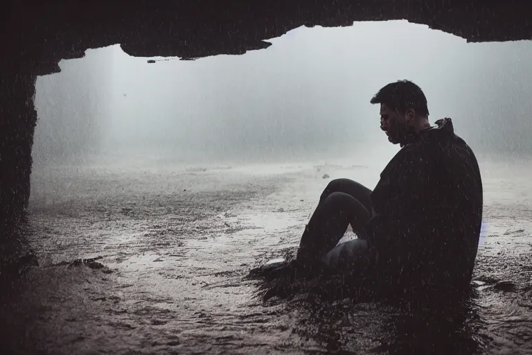 Image similar to a photo of heavy rain on a man sitting on a car in a sunken city, outdoor lighting, dynamic lighting, volumetric, wide angle, anamorphic lens, go pro, 4k